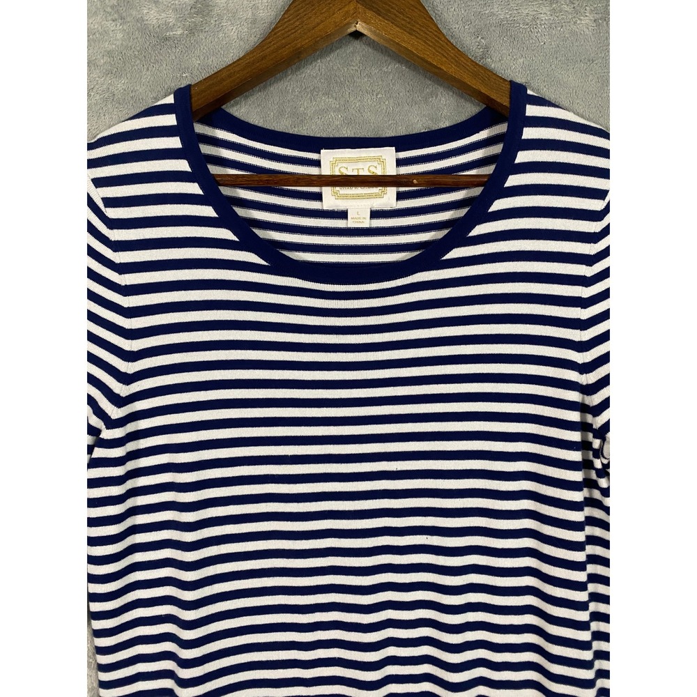 Sail to Sable Dress Sz L Navy White Striped Bell Sleeve Knit Nautical Coastal - Picture 2 of 10